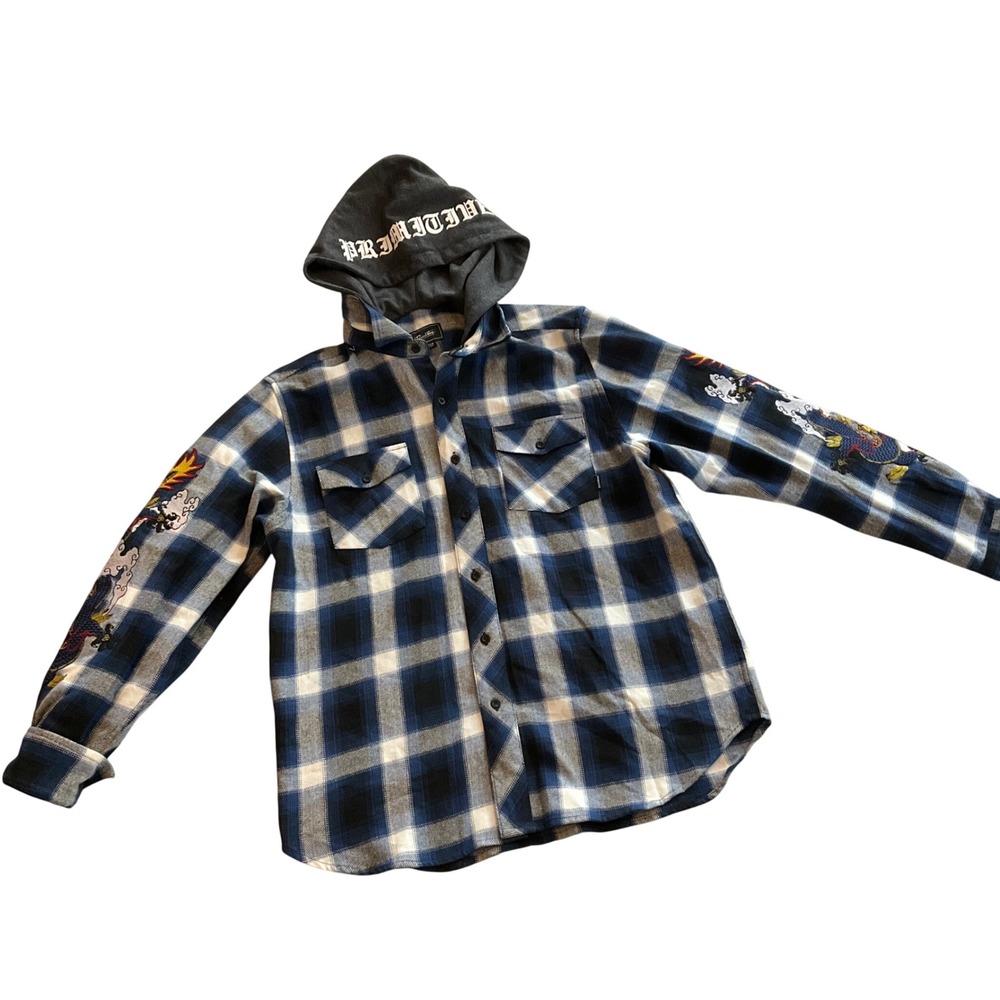 Primitive Skateboarding Plaid Flannel Hooded Shirt Dragon Embroidered Men Medium